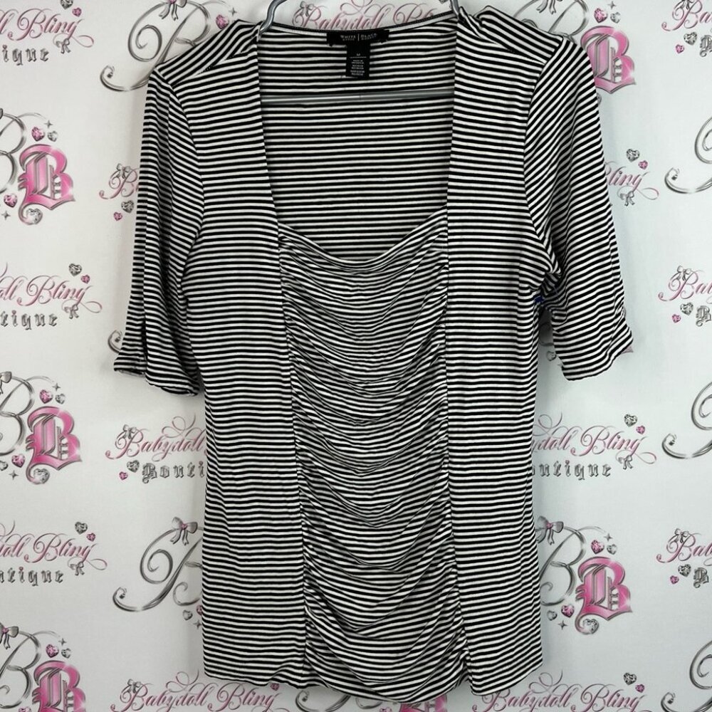 White House Black Market Tshirt tee swoop short sleeve Ruched Striped Top